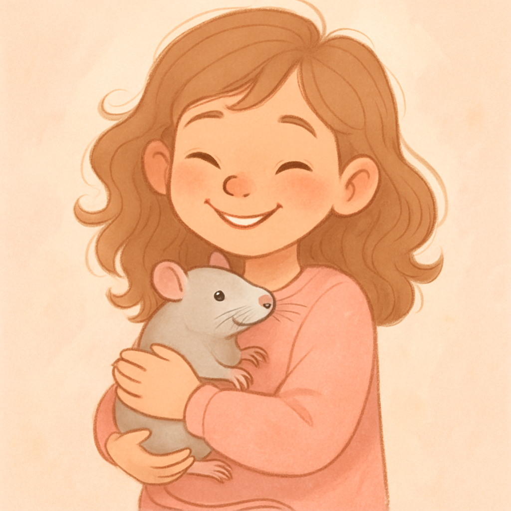 Smiling young girl holding a light gray fancy rat