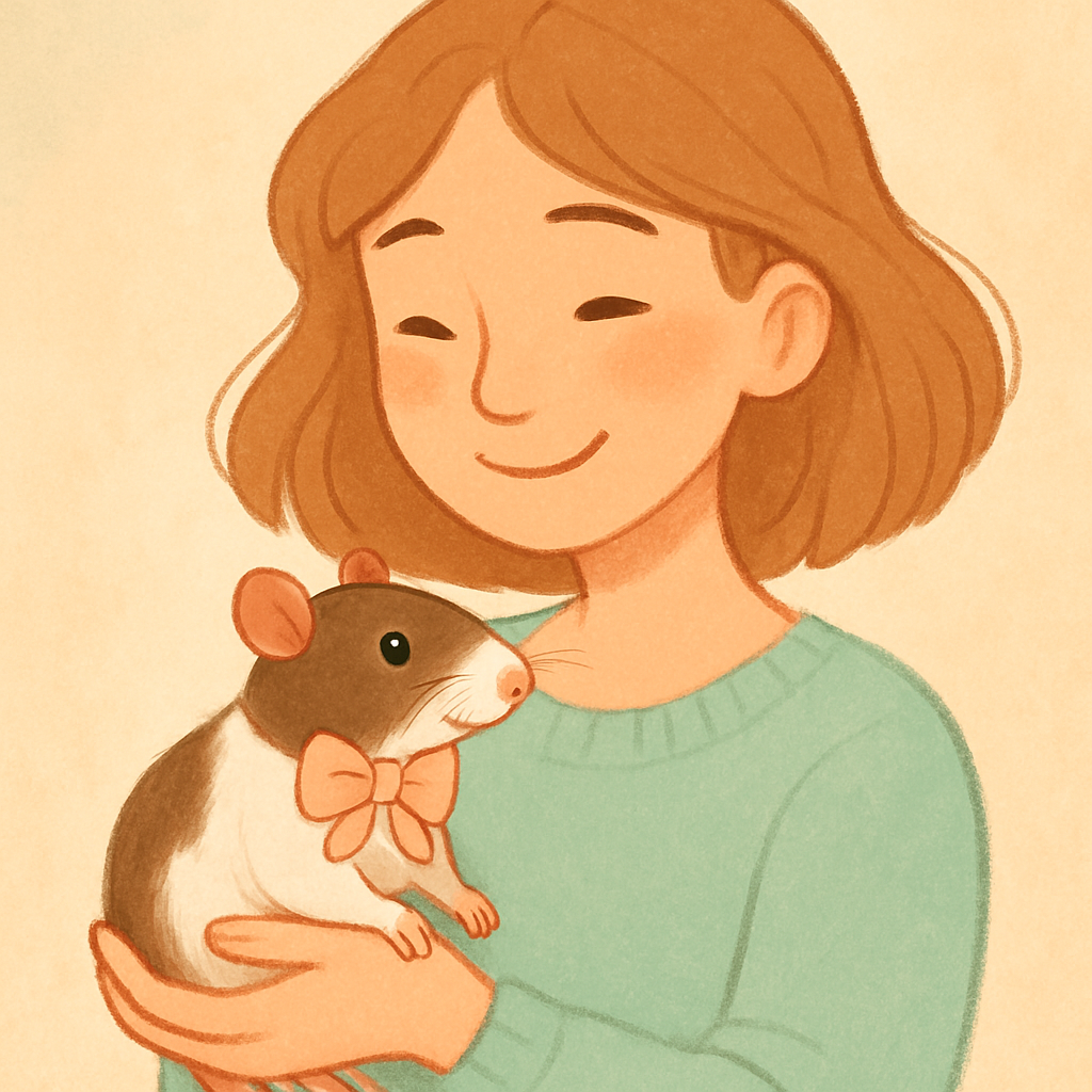 Young woman holding a brown and white fancy rat with a bow