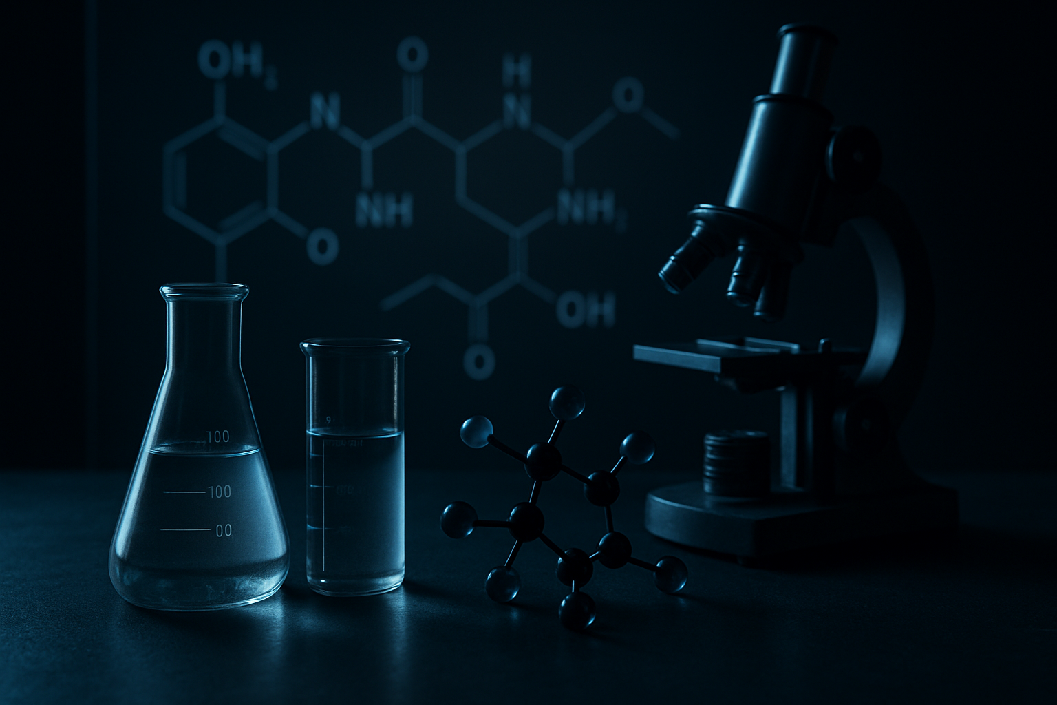 Abstract scientific laboratory scene with premium glassware, molecular diagrams, and soft precision lighting