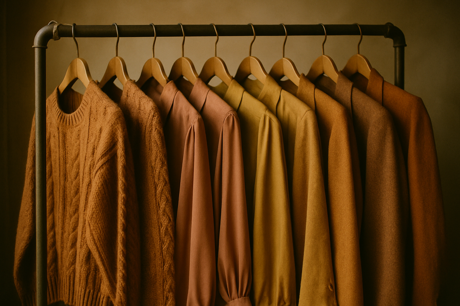 A curated rack of vintage 70s and 80s garments with textured fabrics and warm tones