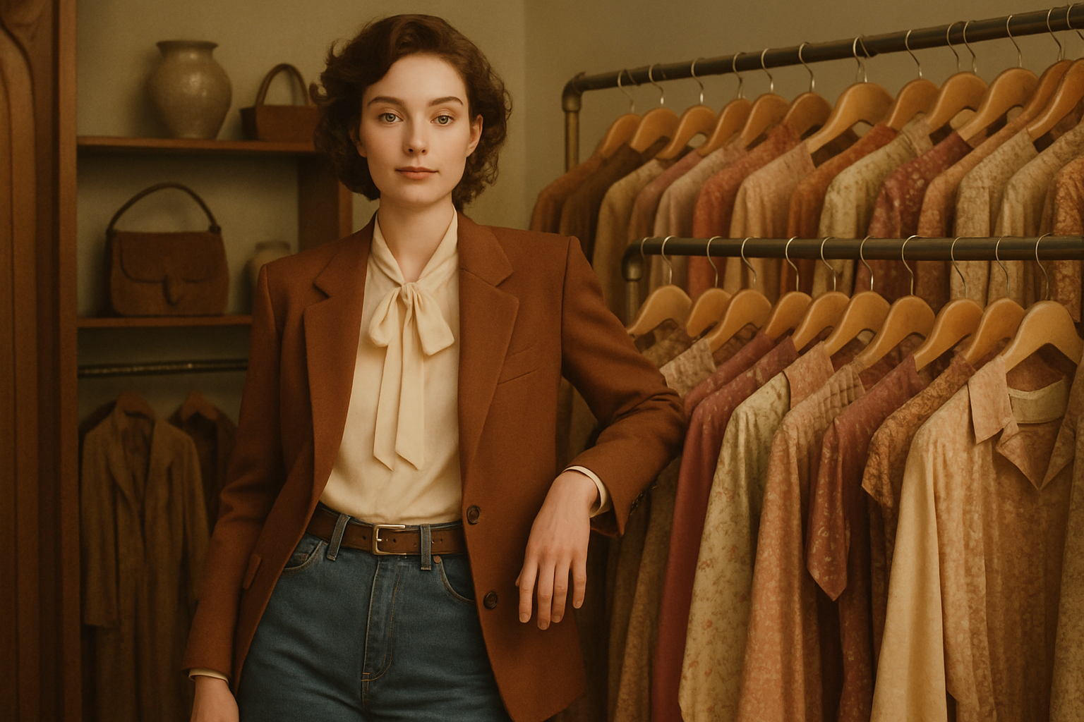 Model wearing 70s and 80s inspired vintage pieces in a boutique setting
