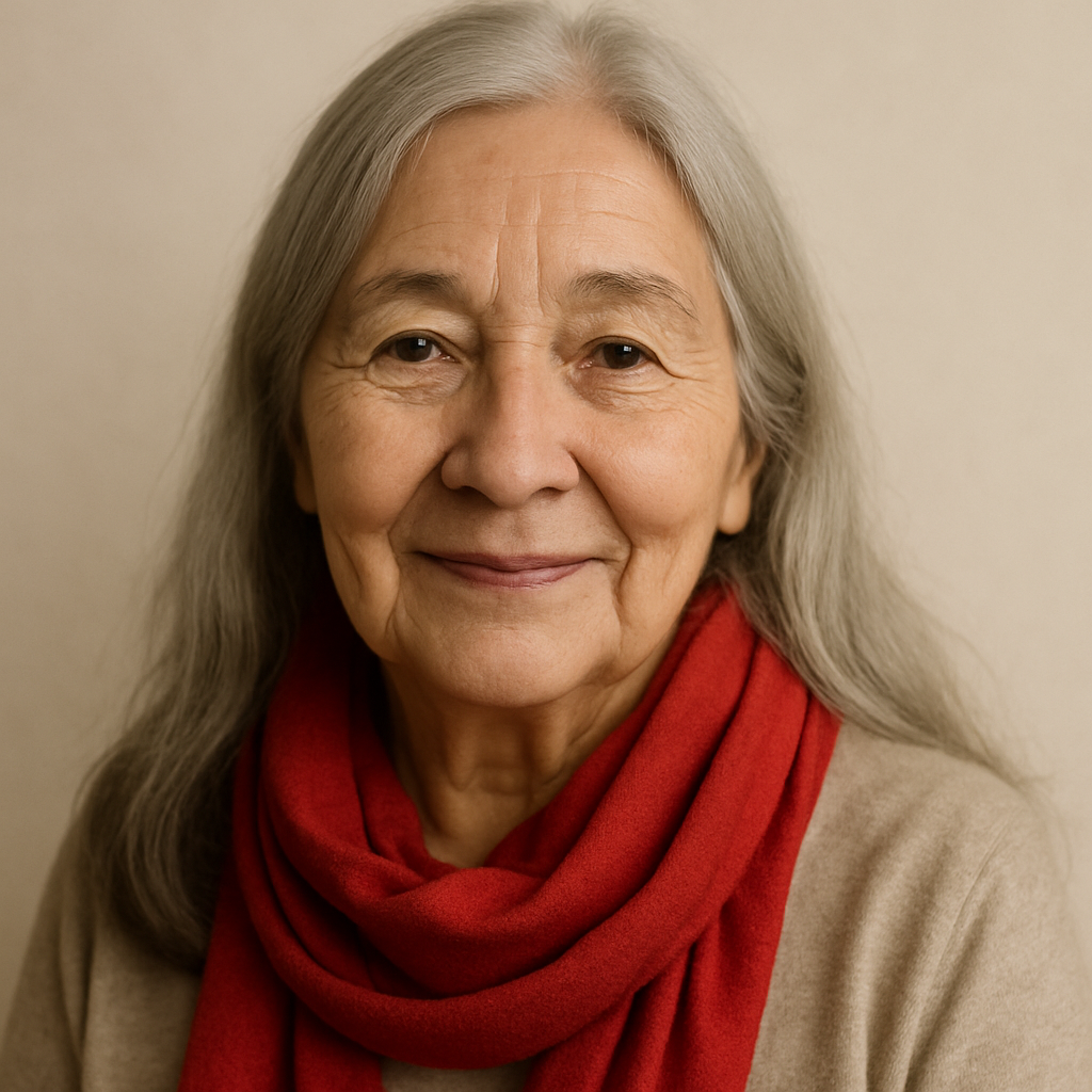 用户头像：和蔼长发老妇人，佩戴红色围巾