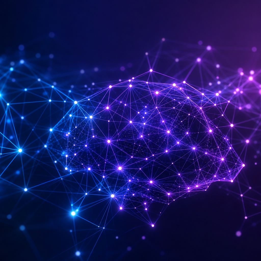Abstract purple-blue neural network with glowing nodes representing AI developments