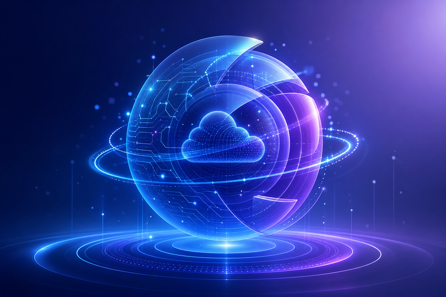 Abstract AI and cloud inspired orb made of layered translucent rings, glowing circuitry lines, and floating data particles in blue and purple tones