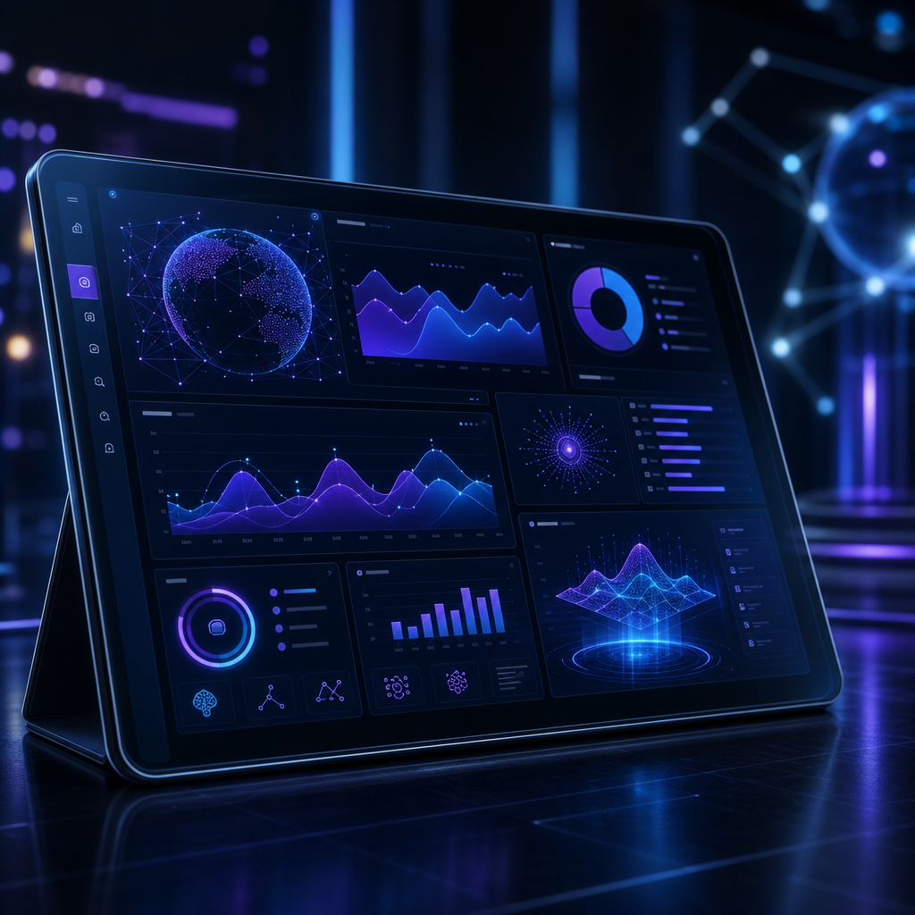 Sleek AI analytics dashboard displayed on a dark glassy tablet with blue and purple holographic charts