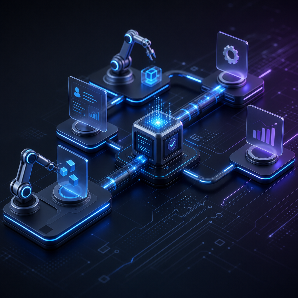 Futuristic automation pipeline visualization with connected robotic nodes and glowing blue lines