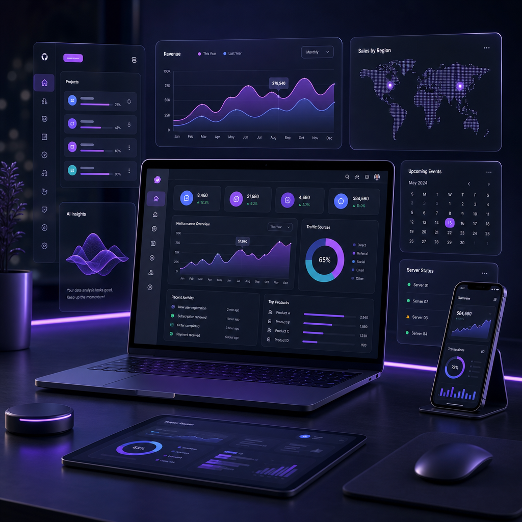 Professional business software workspace with multi-window dashboards and purple accent lighting