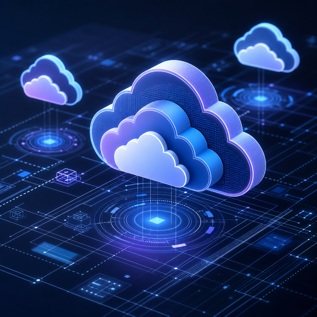Layered cloud icons over a digital blueprint grid illustrating cloud computing guides