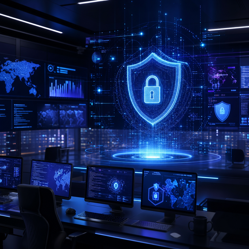 Dark control room with blue security shields and data streams for cybersecurity updates