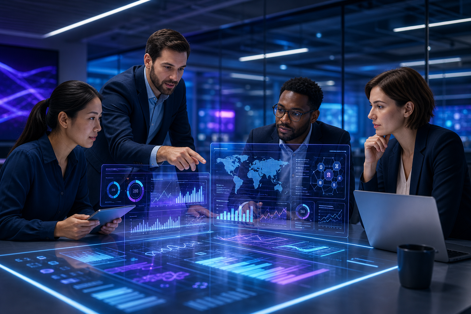 Professional team reviewing holographic dashboards in a modern workspace for digital transformation strategies