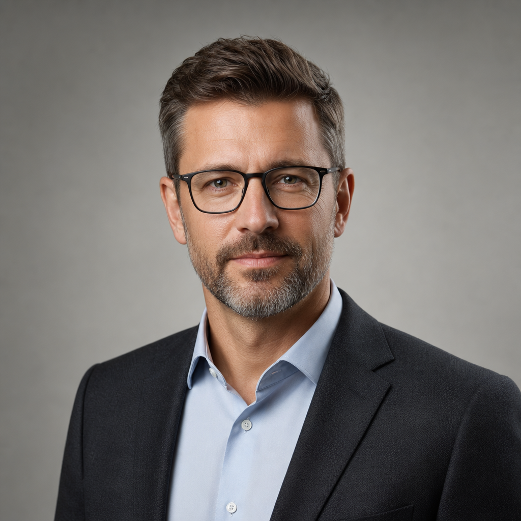 Portrait of an enterprise CTO wearing glasses and a charcoal suit