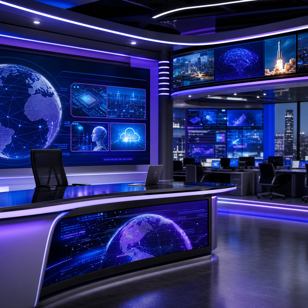 News desk with digital ticker screens and purple-blue lighting for industry news