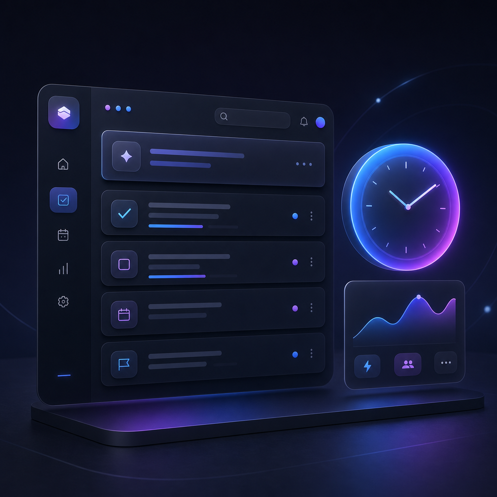 Minimal productivity application interface with task cards and a luminous gradient clock