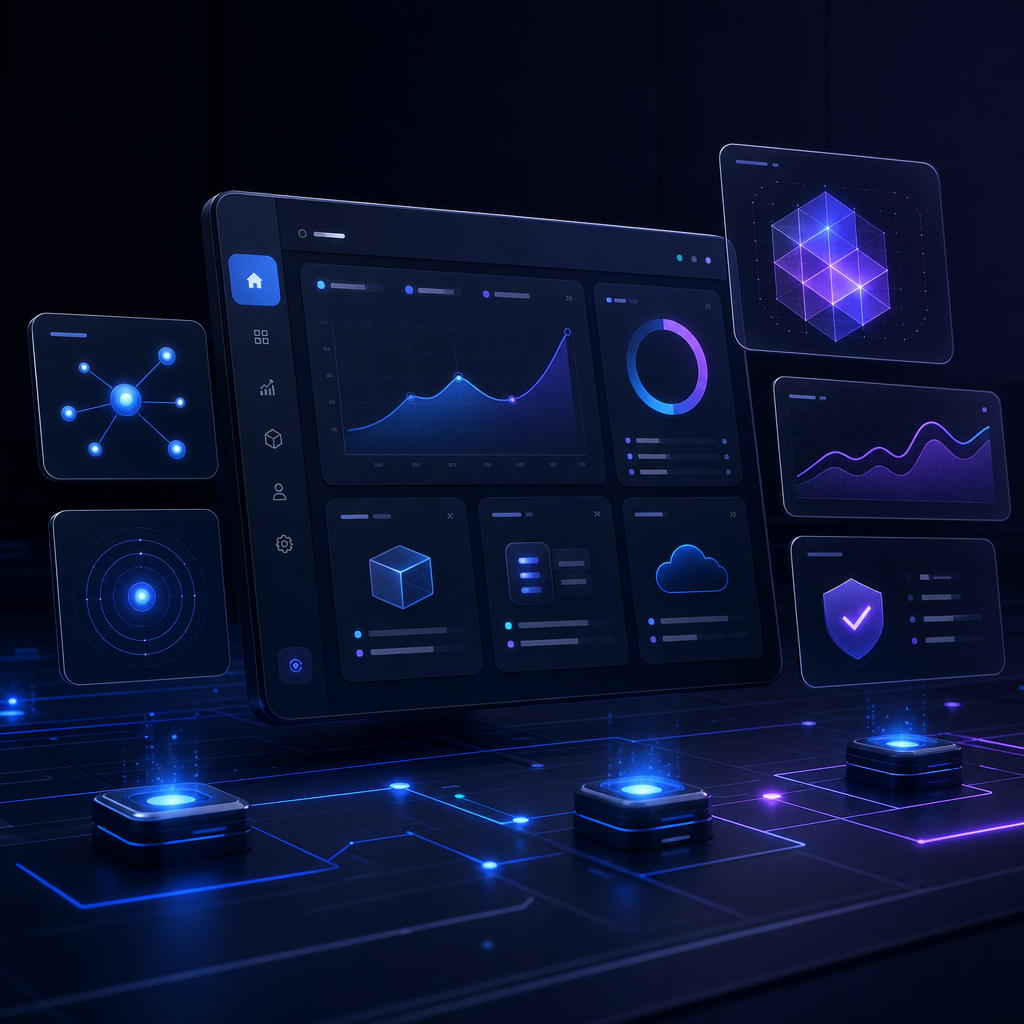 Modern SaaS control center with layered modules and glowing blue nodes on a futuristic interface