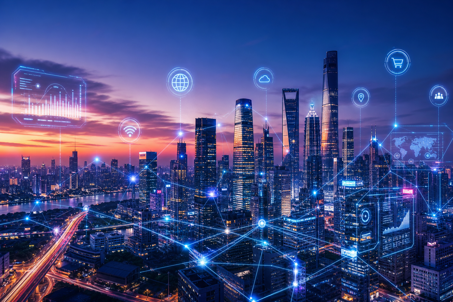 Futuristic city skyline with glowing network lines and holographic interfaces symbolizing technology trends