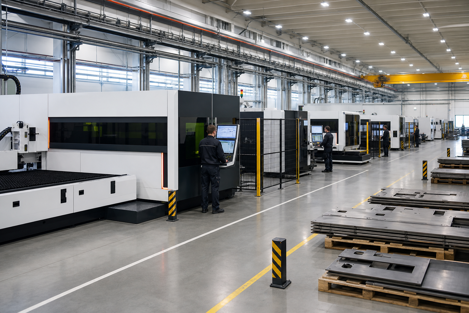 Fiber laser cutting machines installed on a modern industrial shop floor with operators and safety enclosures