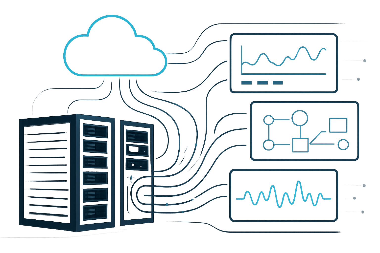 Cloud-connected data center visualization with telemetry flow lines between systems, services, and monitoring dashboards