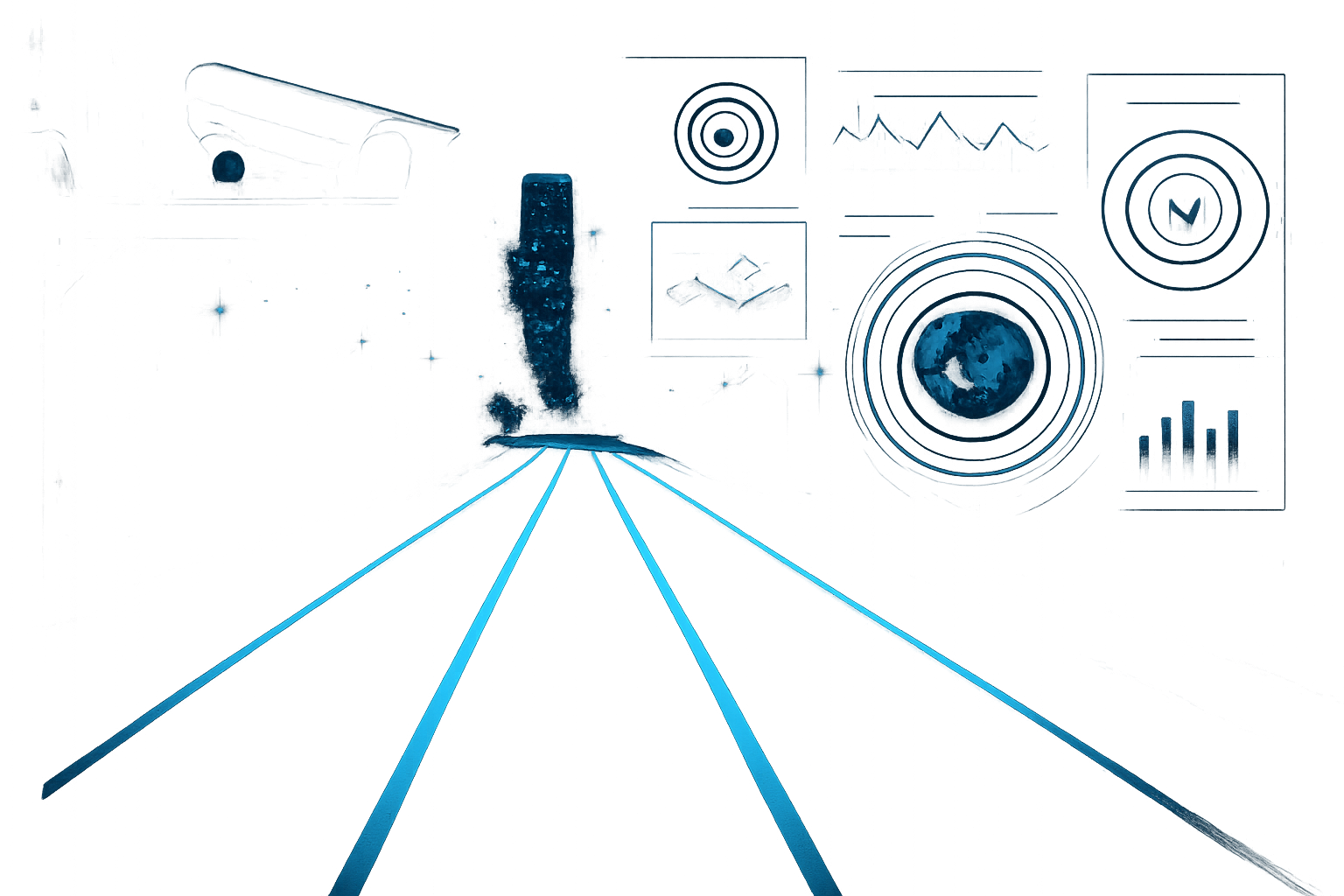 Night city monitoring scene with blue lane lights, overhead camera infrastructure, and connected operational visibility cues