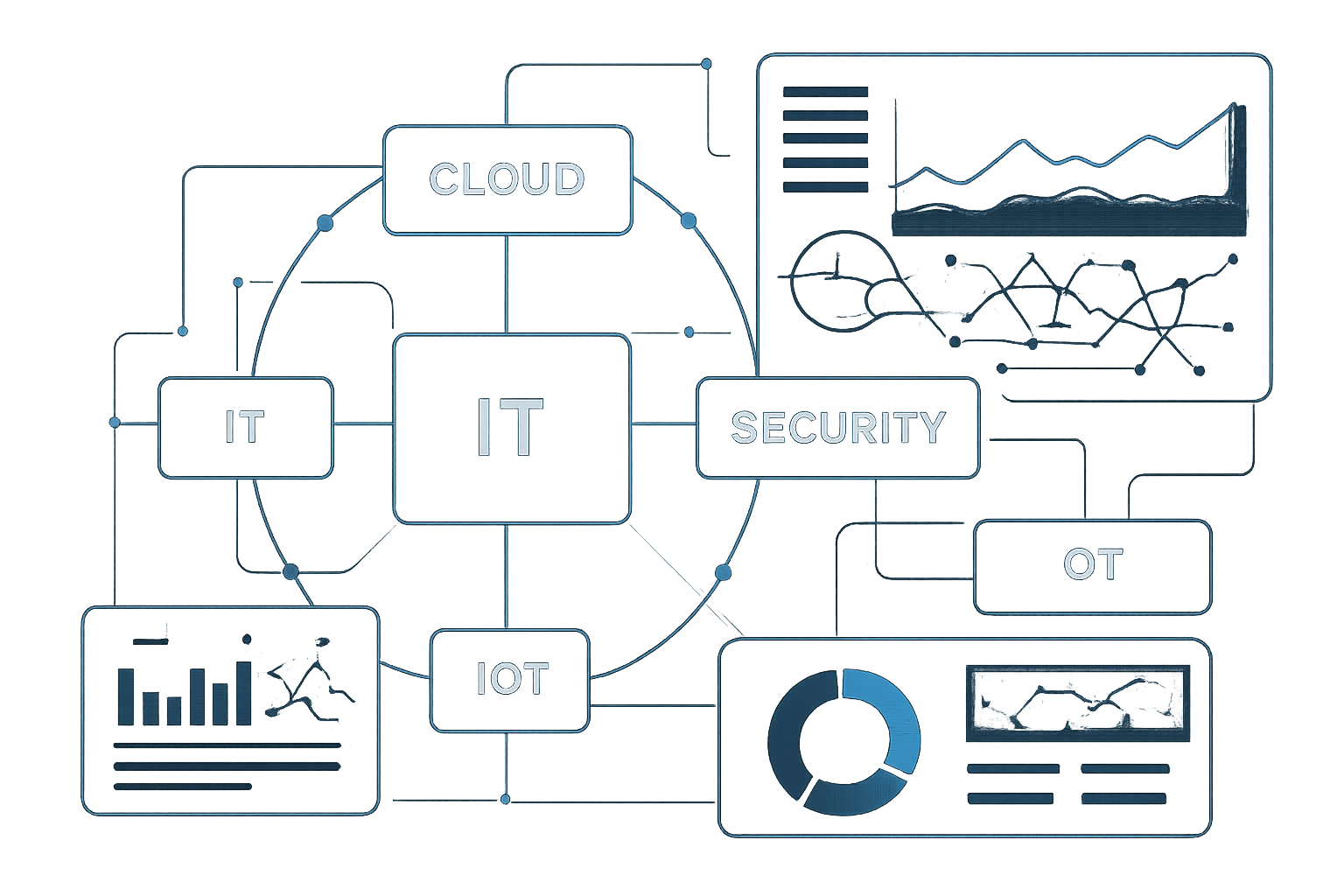 Unified operations infographic showing enterprise monitoring platform overview across IT, cloud, security, IoT, OT, and SCADA