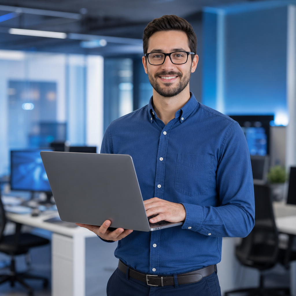 Friendly IT technician in a blue shirt holding a laptop, modern office setting