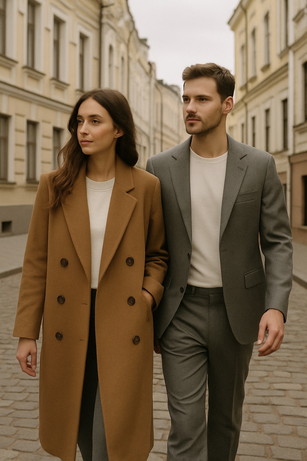 Stylish couple in neutral tailored outfits on a cobblestone street in Kyiv Podil
