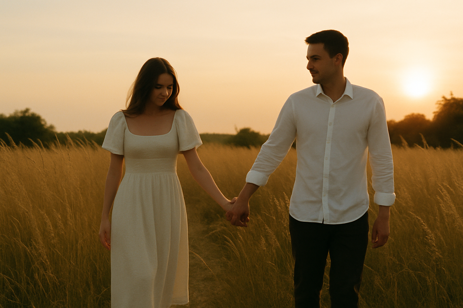 Couple walking hand in hand through a golden meadow at sunset, warm film tones