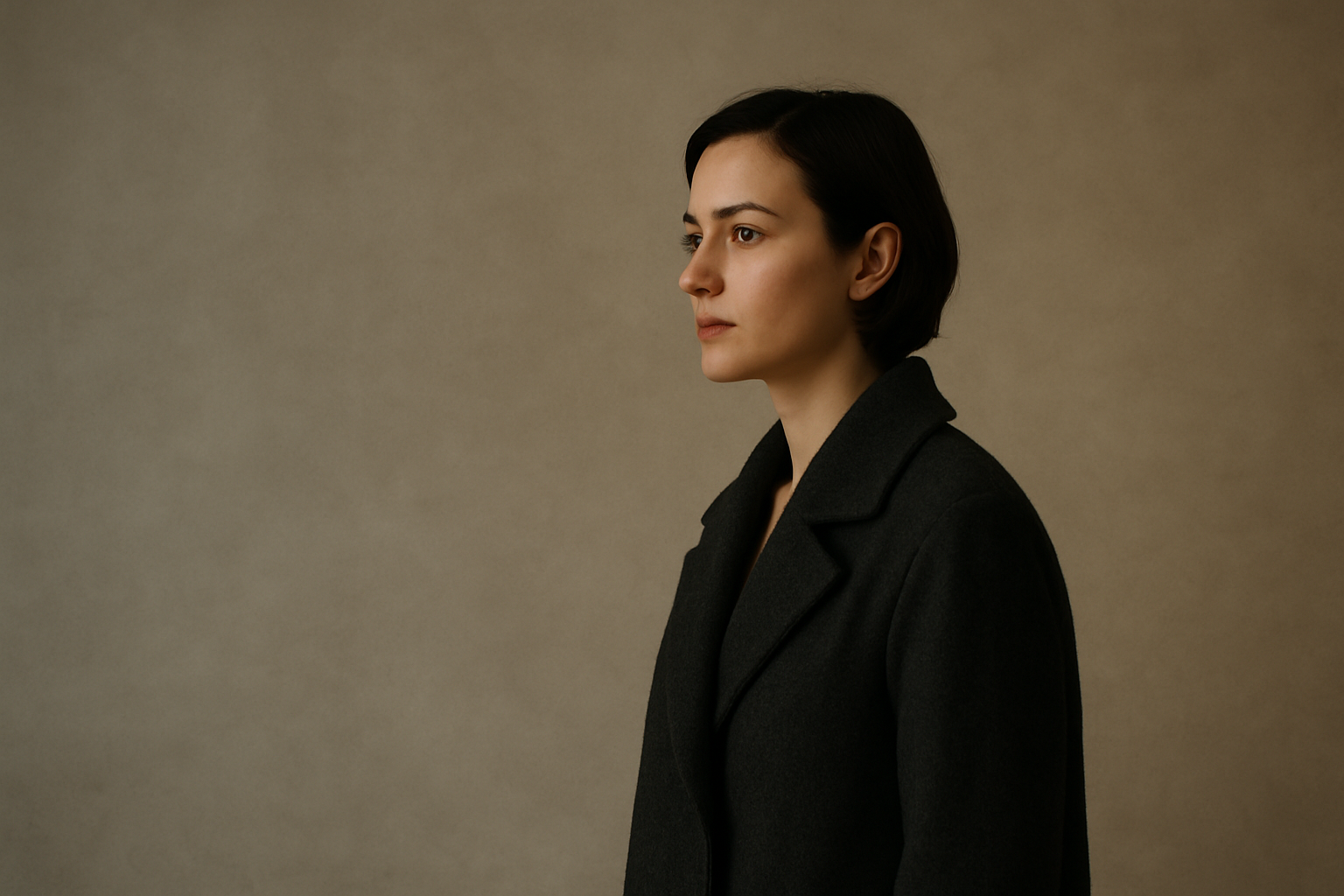 Editorial portrait of a woman in a charcoal wool coat lit by sculpted window light