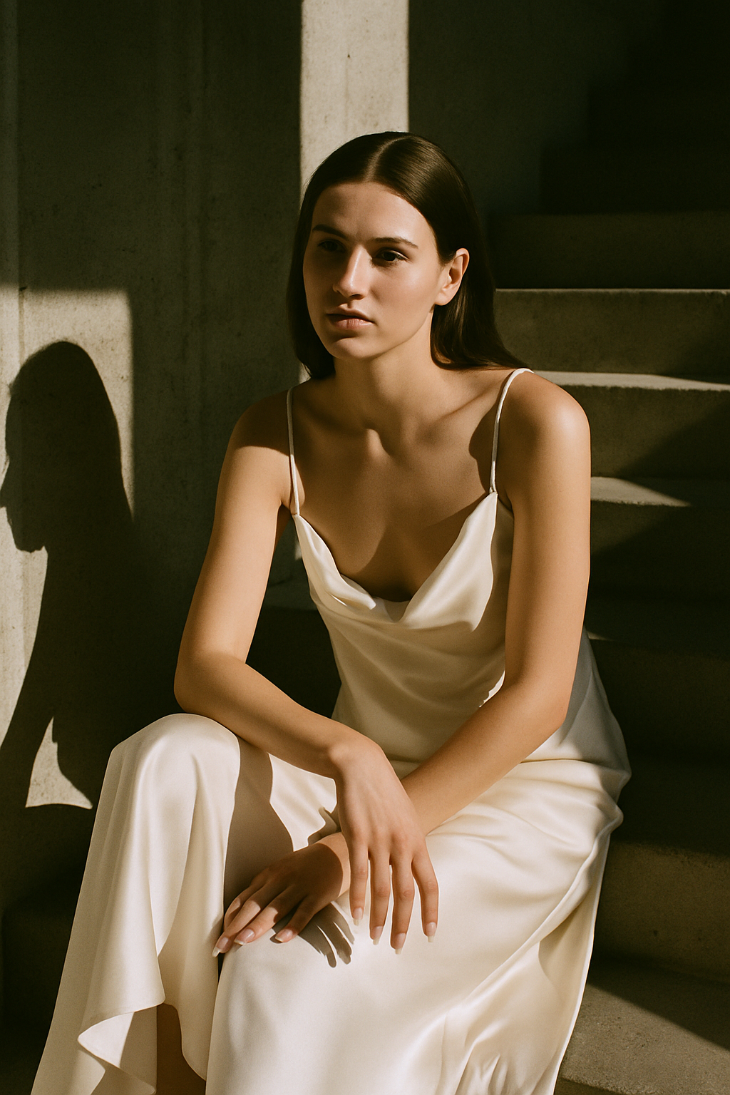 Model in an ivory silk dress on a brutalist concrete staircase, 35mm film grain