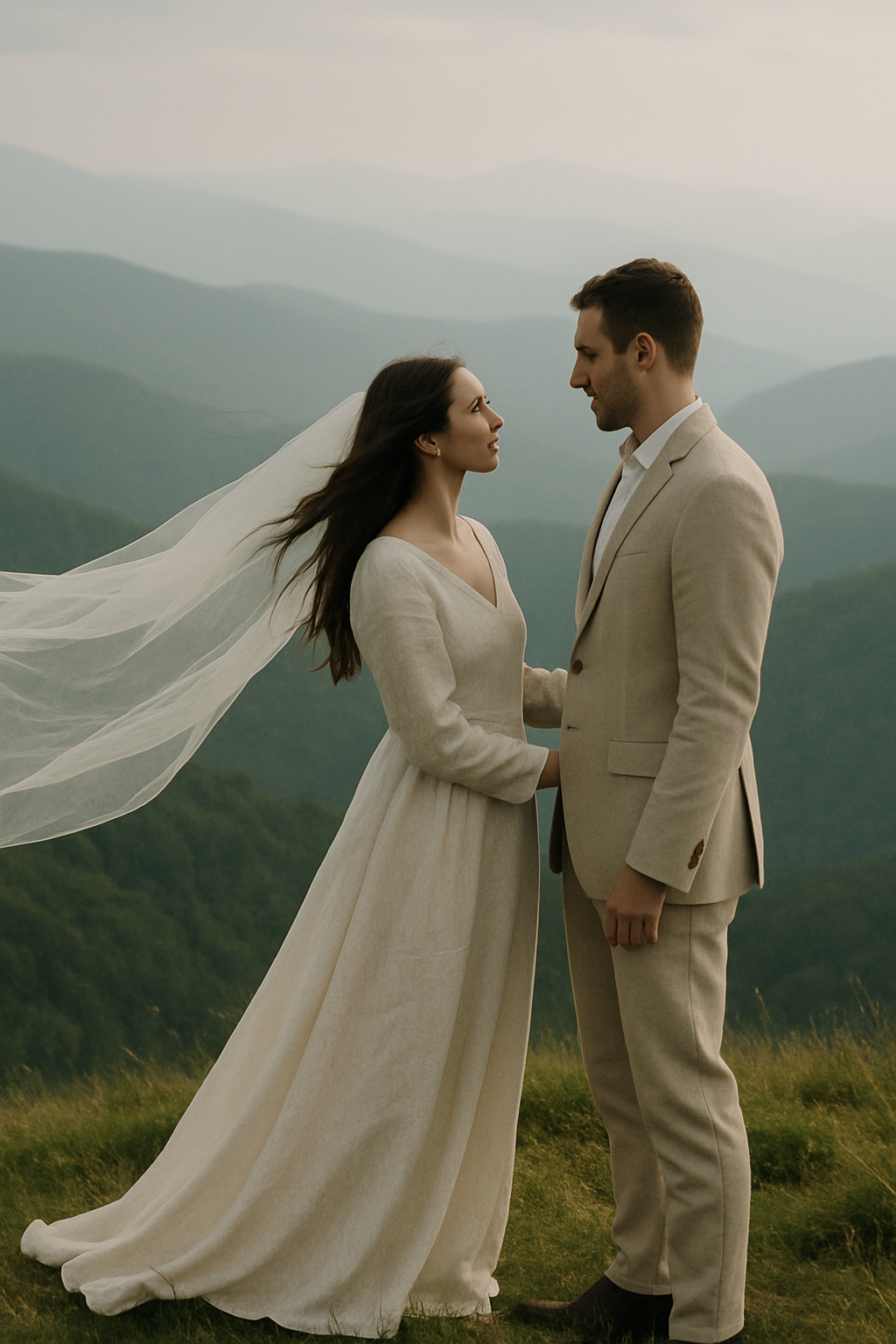 Couple in wedding attire on a windswept Carpathian mountain ridge