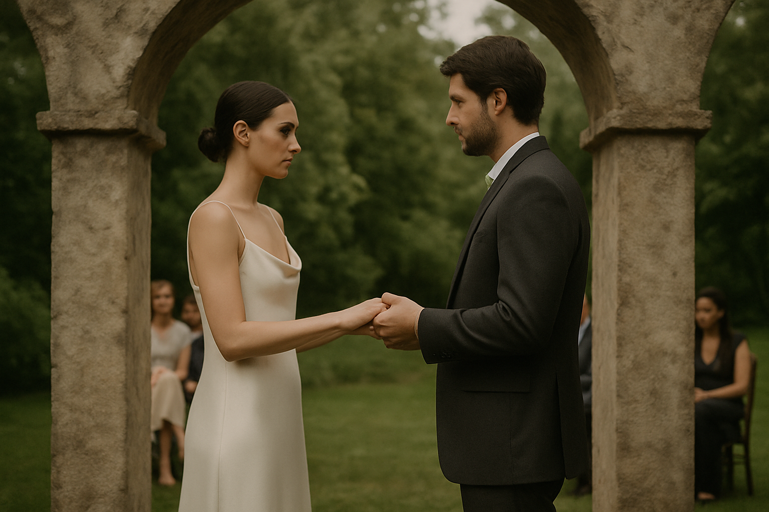 Bride and groom exchanging vows beneath a stone arch in a Kyiv garden in soft overcast light