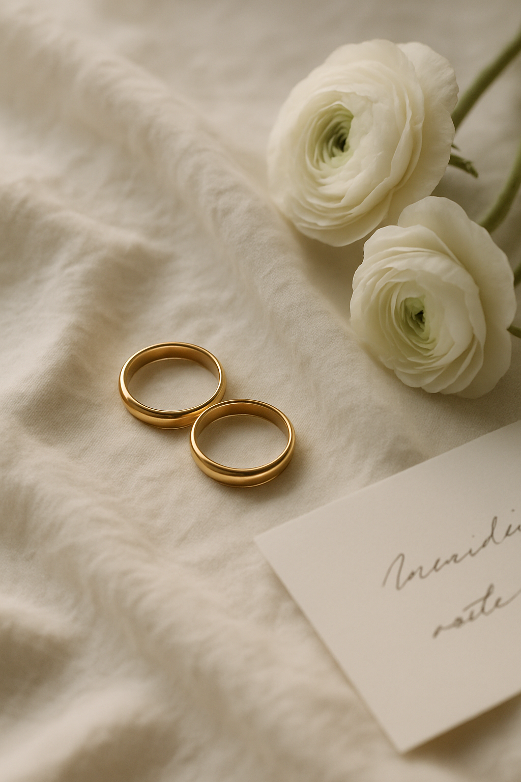 Gold wedding rings resting on ivory linen beside white ranunculus