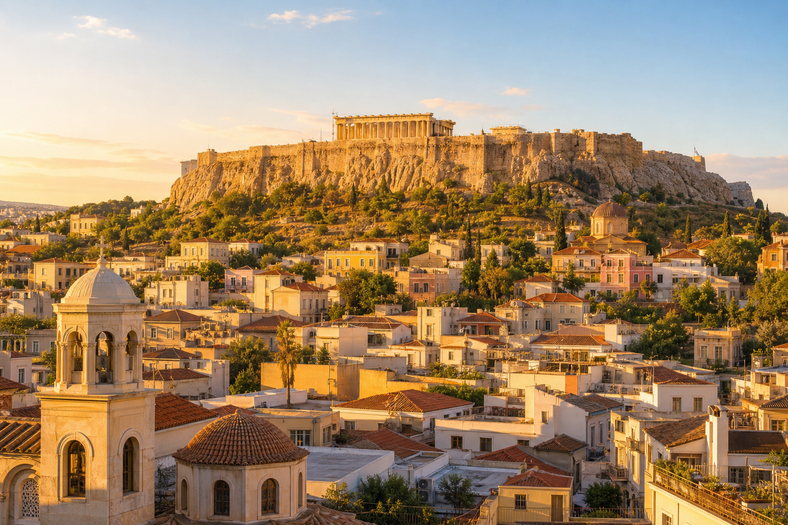 A warm, golden-hour view of Athens with the Acropolis on a hilltop and white rooftops below