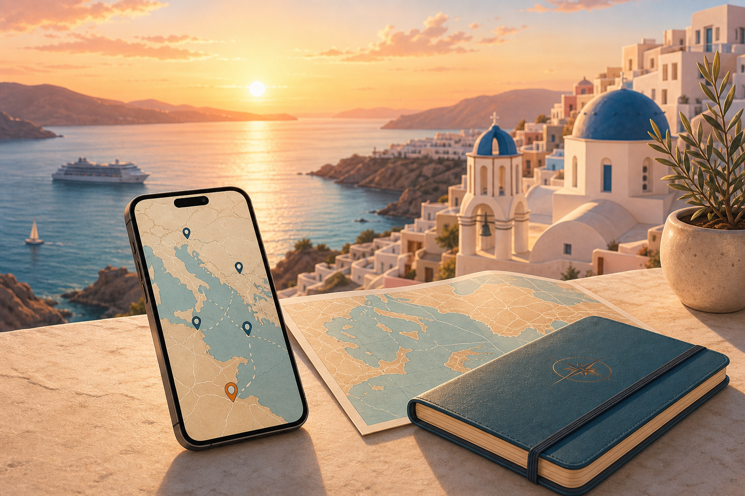 Calm coastal travel illustration with a phone, map, and Mediterranean skyline at sunset