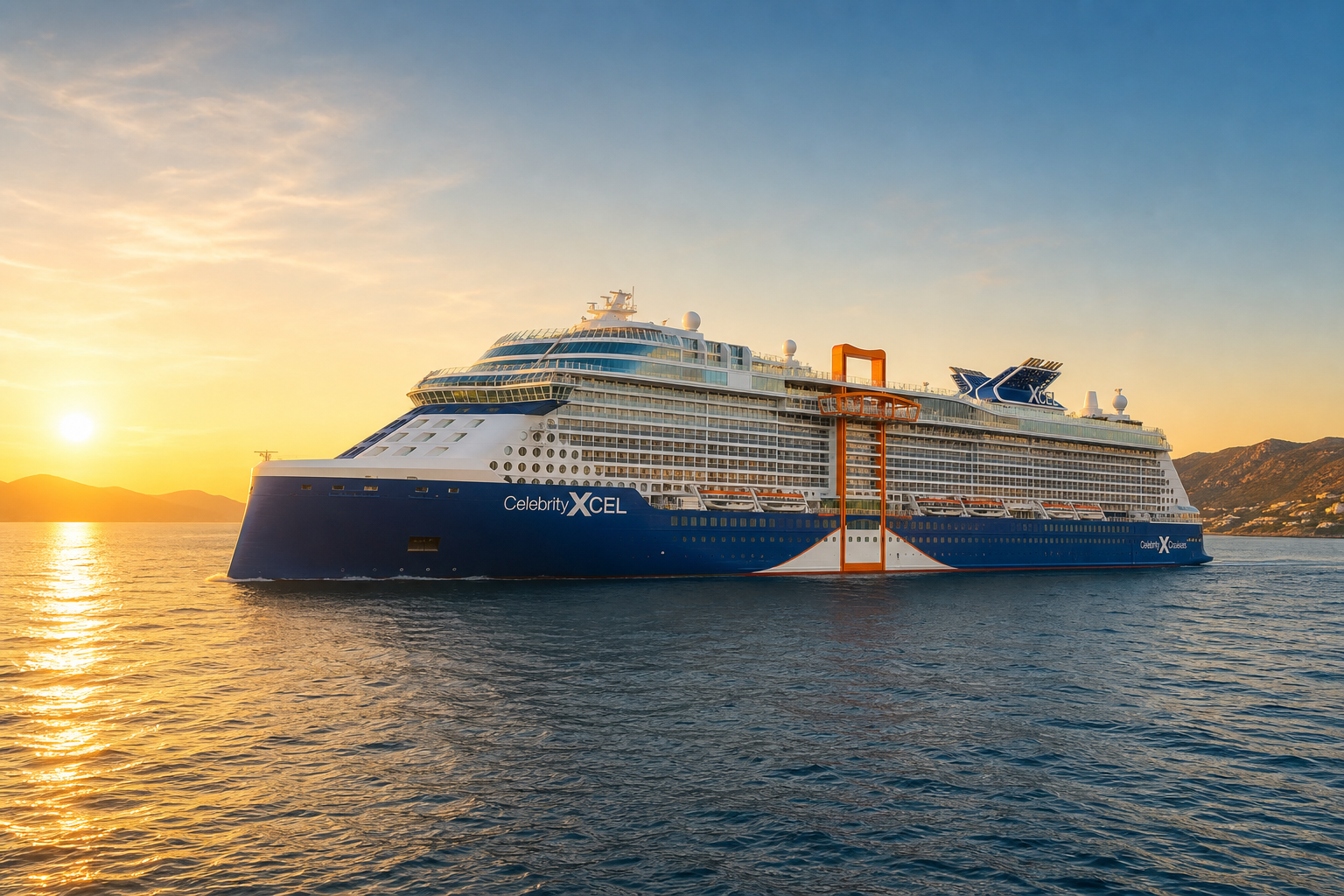 Celebrity Xcel cruise ship gliding on calm Mediterranean water at golden hour