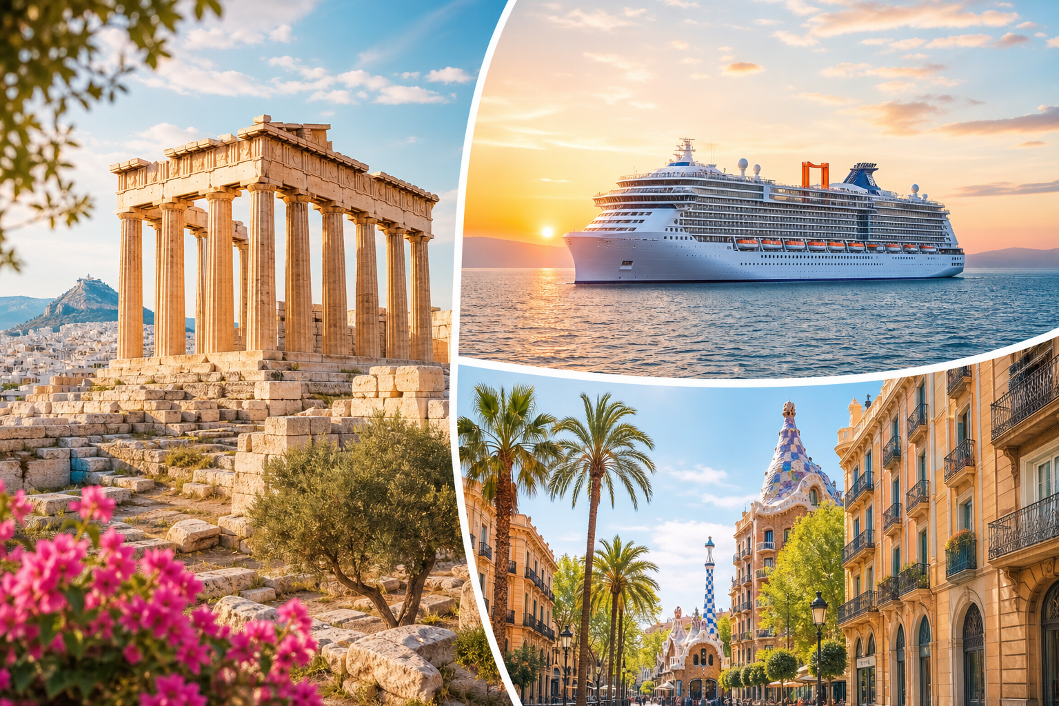 Illustrated travel photo collage showing Athens ruins, a Mediterranean cruise ship at sunset, and Barcelona street views