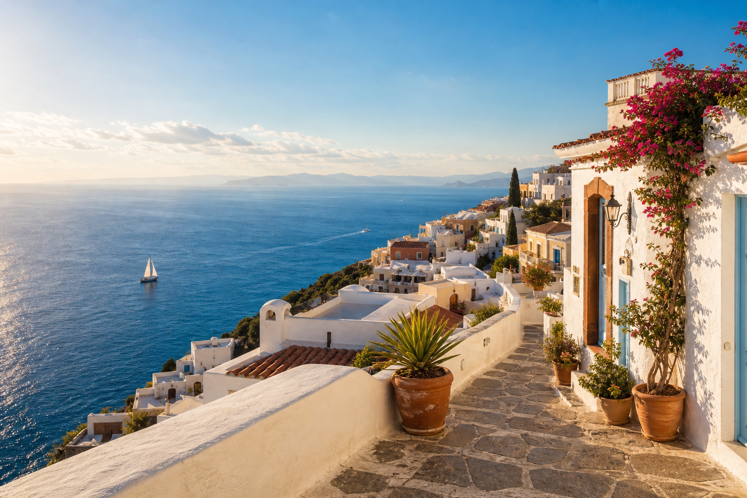 Sunlit coastal overlook with a whitewashed village and blue sea in the distance