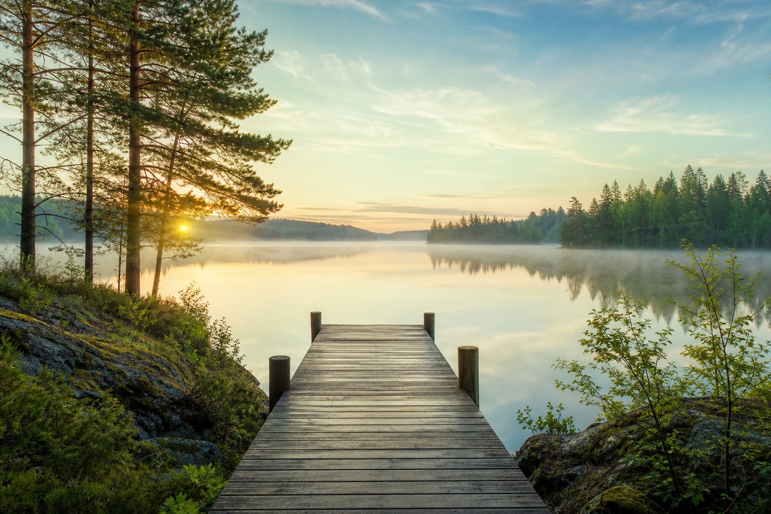 A peaceful Finnish lakeside at sunrise with a wooden pier, pine forest, and soft mist