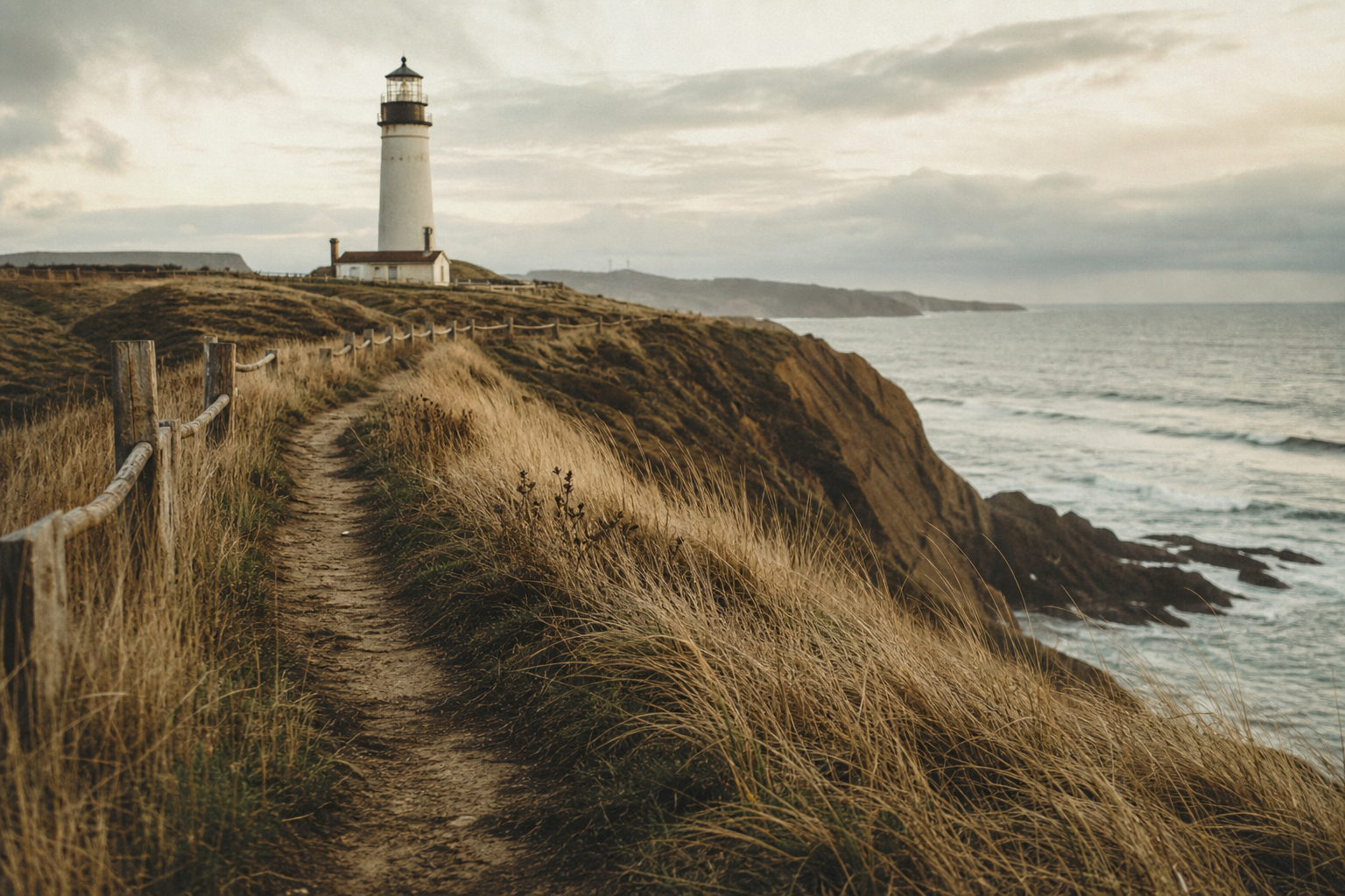 Cliff path approach with a narrow earth trail through tawny dune grass leading toward a distant white lighthouse on a windswept bluff