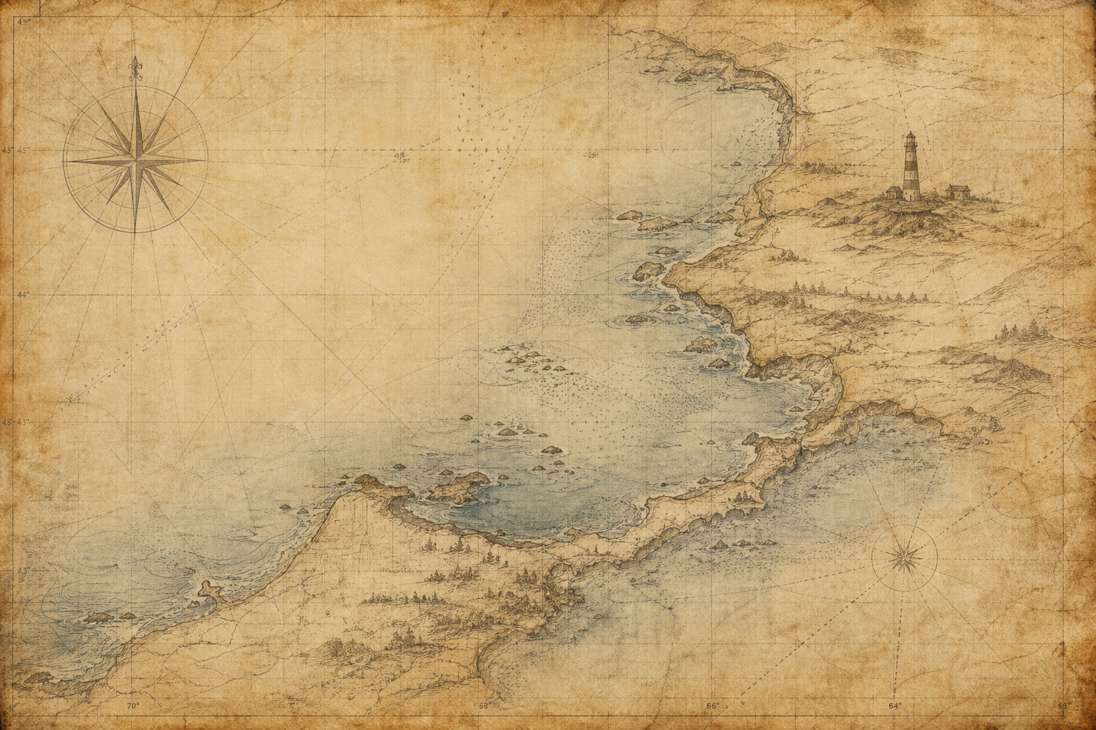 Illustrated coastal chart texture with aged paper grain and faint compass markings