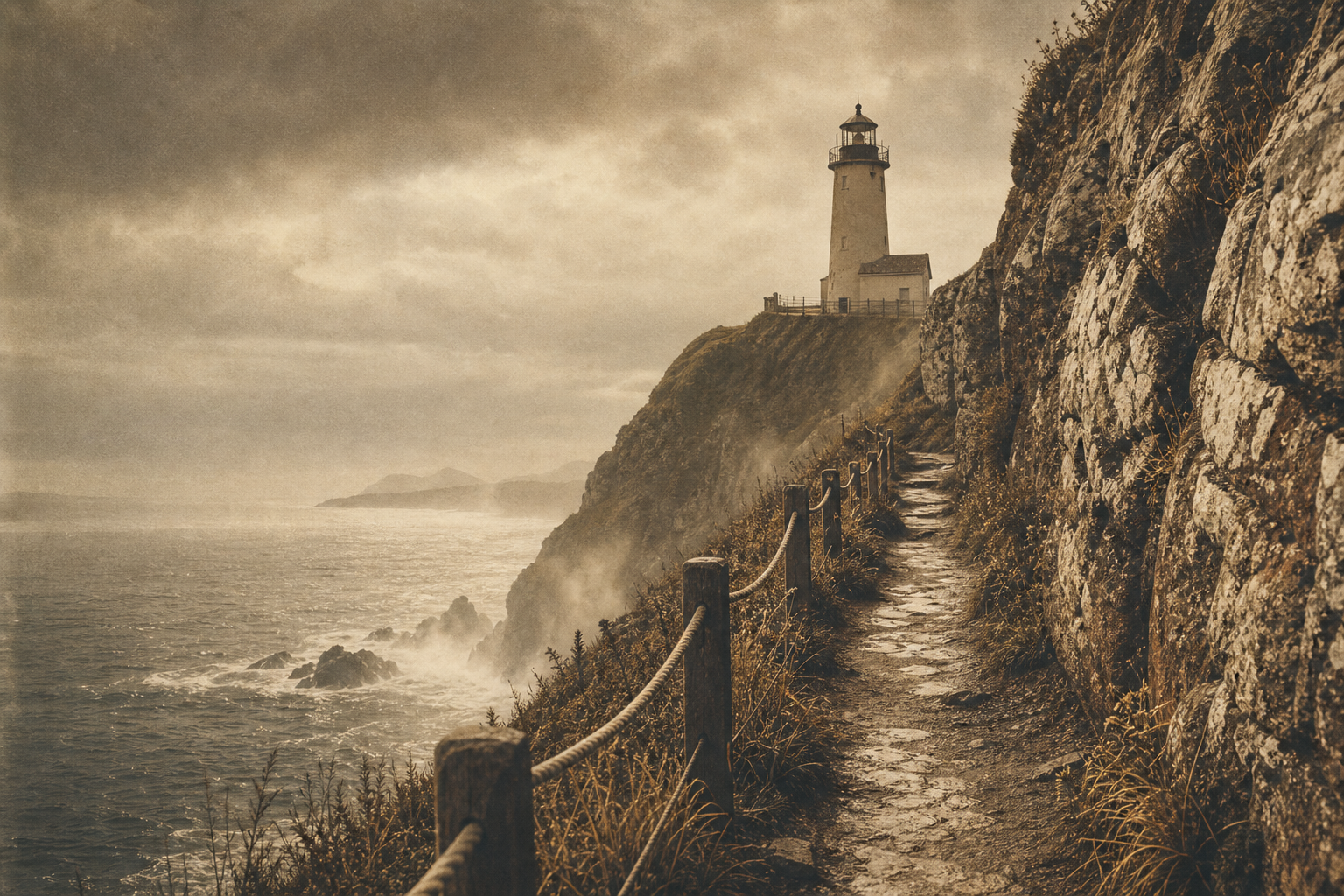 Narrow cliffside path near lighthouse tower with rope rail and sea mist
