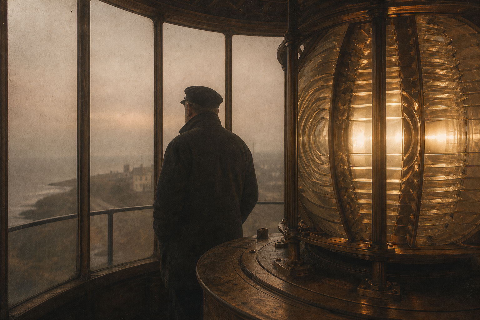 Lantern room watch at dusk with brass lens and keeper silhouette