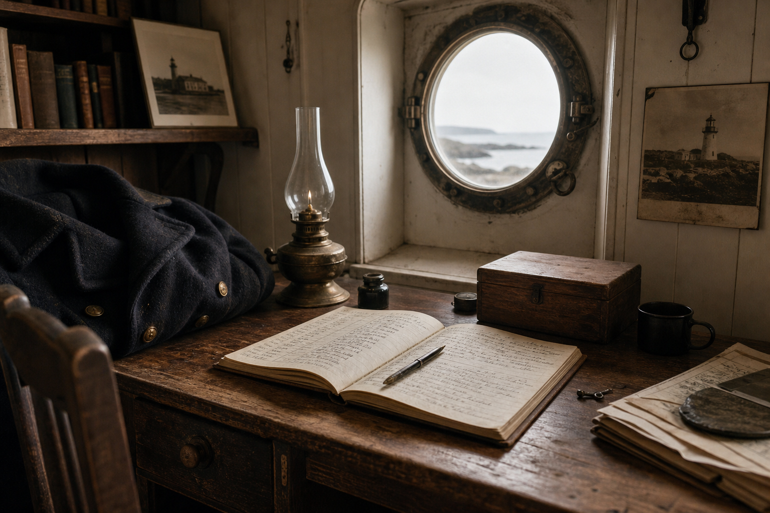 Keeper quarters detail with a worn oak desk, handwritten logbook pages, brass oil lamp, folded navy wool coat, and a small porthole window
