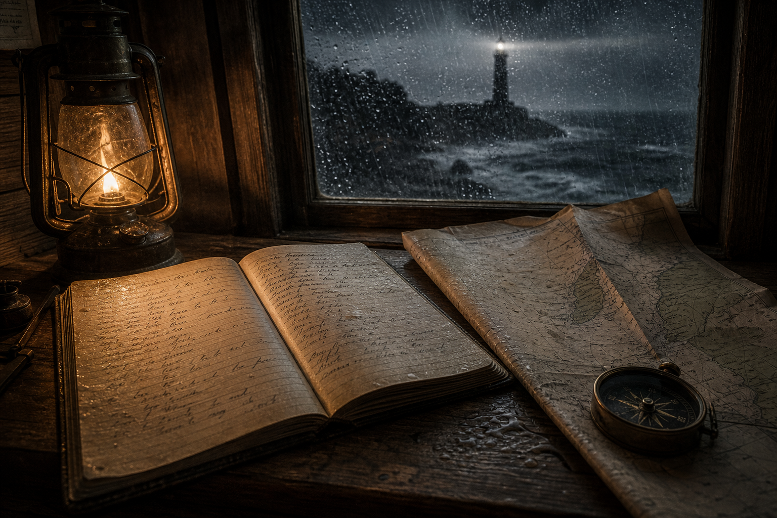 Wooden storm note desk with oil lamp, logbook, and wet chart edges