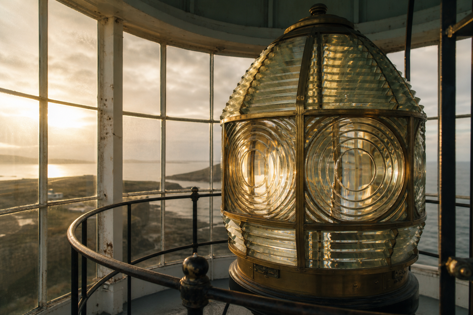Lantern room interior with a polished brass Fresnel lens, circular iron rail, and warm reflected light on glass panels