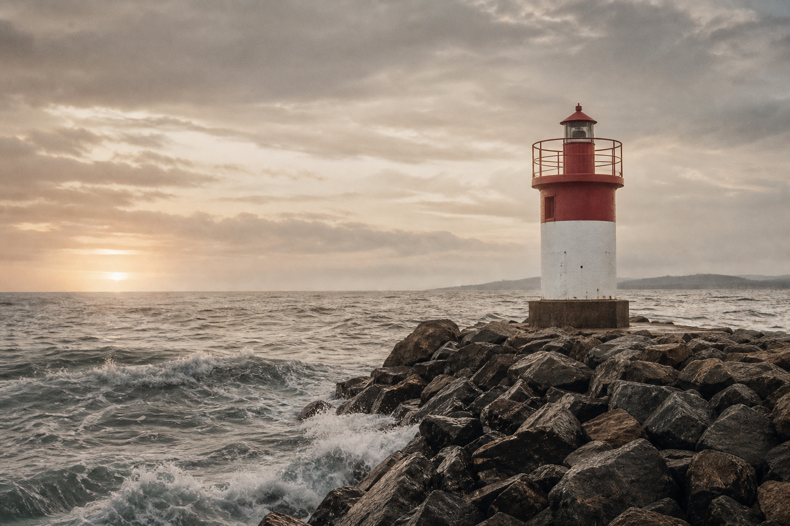Shoreline beacon view of a short red-and-white navigation tower at the edge of a rocky breakwater with foam-tipped waves and low horizon light