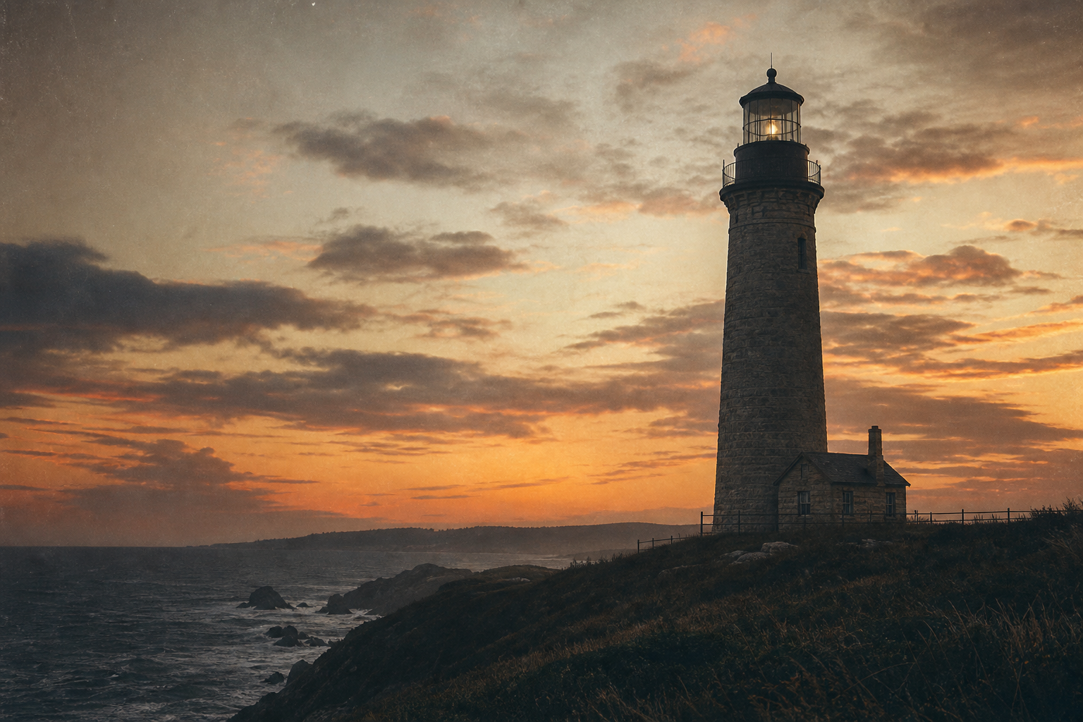 Tower exterior at dusk, a tall granite lighthouse with a black lantern cap glowing softly against amber evening clouds above a dark coastal ridge
