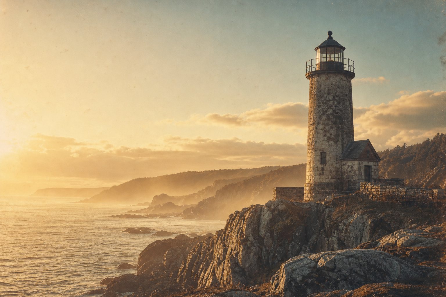 Weathered stone lighthouse on a northern shoreline in golden-hour haze with warm film-photography character