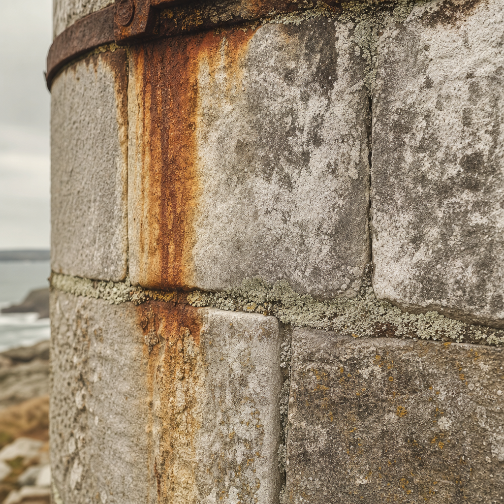 Weathered stone detail showing rough gray masonry blocks with salt-worn edges, rust streaks, and pale green lichen in the joints