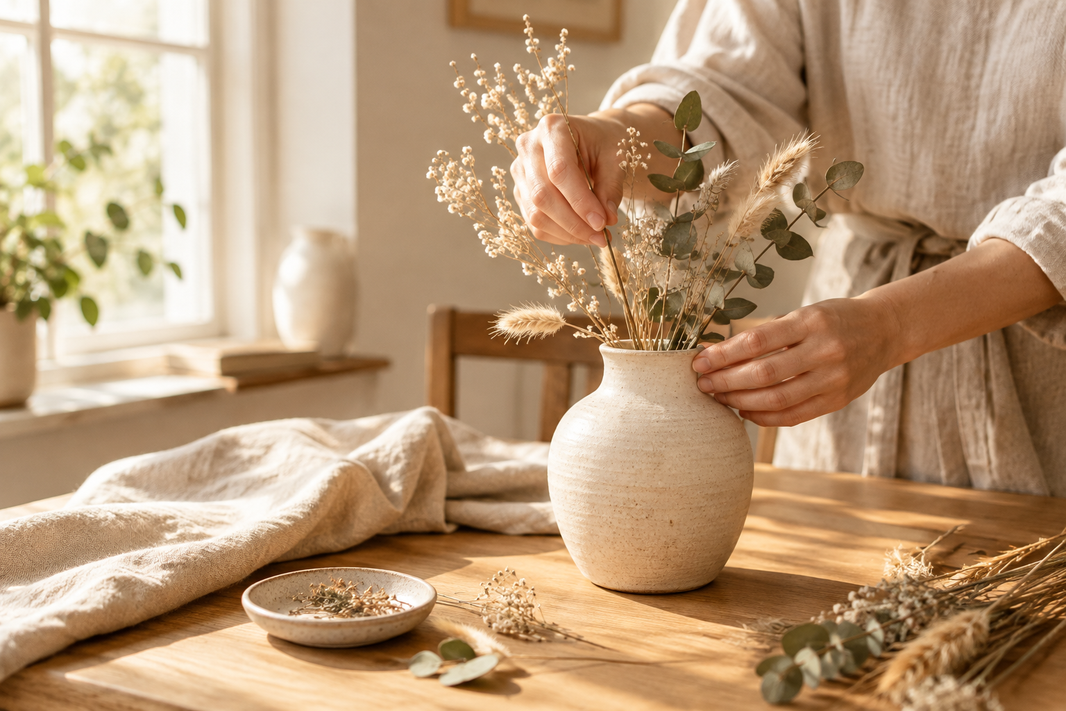 Artisan hands arranging dried botanicals, linen fabric, and a handmade ceramic vase on a warm wooden table in soft natural window light