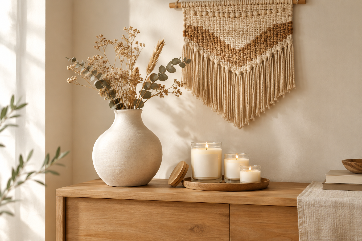 Warm handmade home decor arrangement with a ceramic vase, woven wall hanging, and soy candles in soft natural light